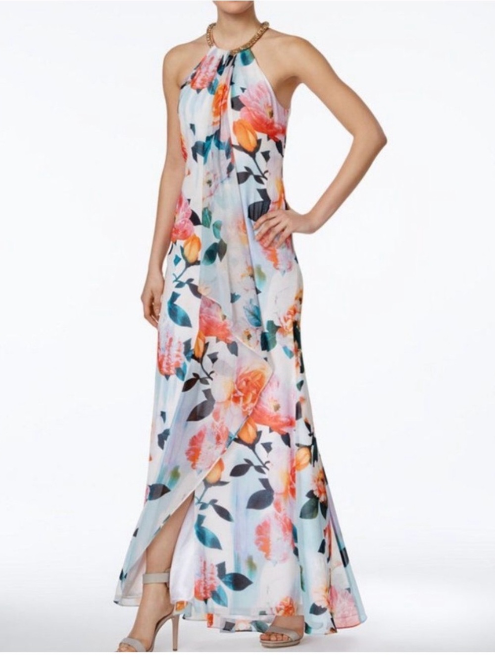 Calvin Klein White Halter Maxi Dress with Pink & Orange Floral Print